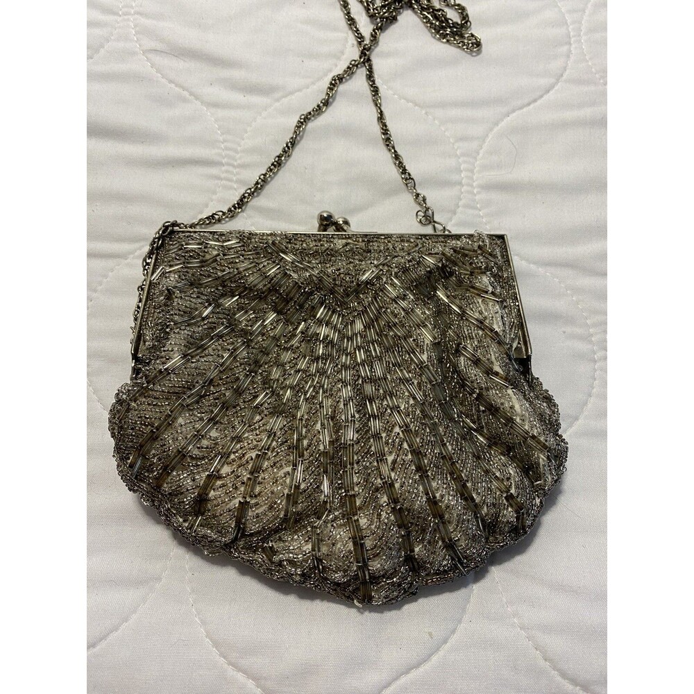 Cream, ivory mini beaded Clam Shell evening bag purse Snap Closure Chain Strap